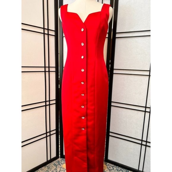 Vintage Dress Size 6 Cherry Red Liz Claiborne Evening Dress Rhinestone Buttons - Picture 1 of 13